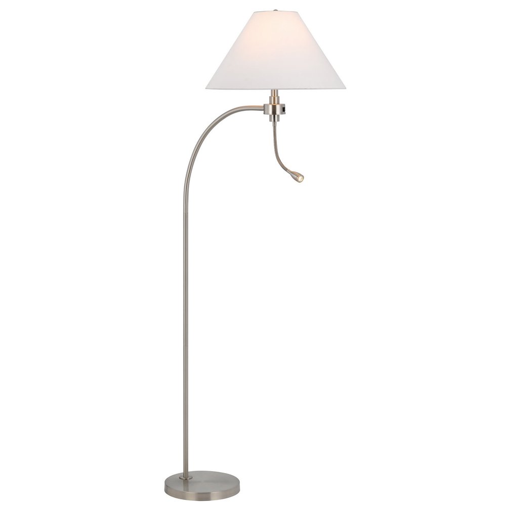 68" Nickel Metal Reading Floor Lamp With White Fabric Empire Shade. Floor lamp isolated on a plain white background, finished in silver metal.