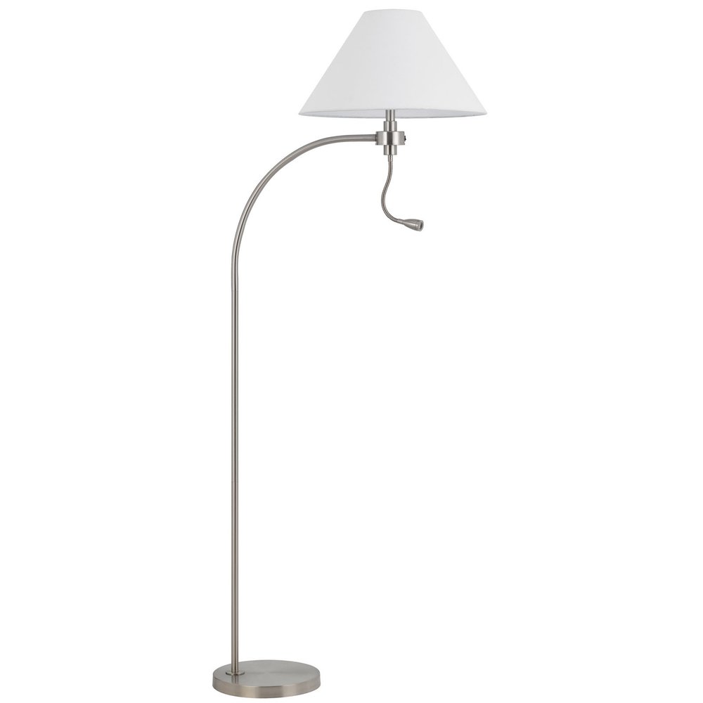 68" Nickel Metal Reading Floor Lamp With White Fabric Empire Shade. Floor lamp isolated on a plain white background, showing a silver metal surface.