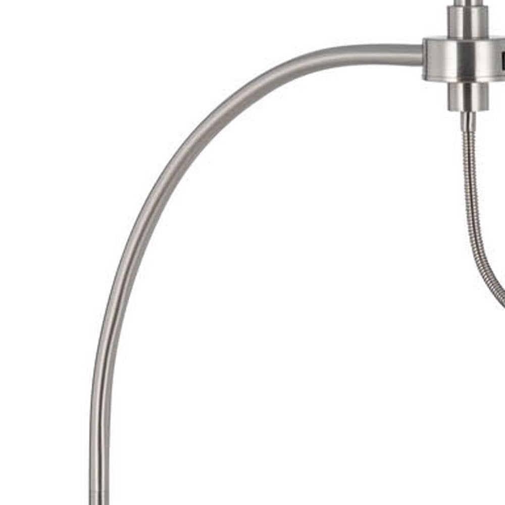 68" Nickel Metal Reading Floor Lamp With White Fabric Empire Shade. Floor lamp isolated on a plain white background, in a silver metal finish.