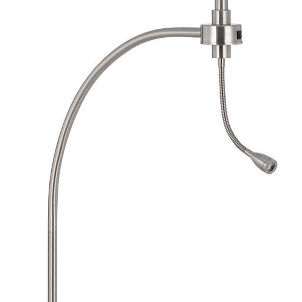 68" Nickel Metal Reading Floor Lamp With White Fabric Empire Shade. Floor lamp isolated on a plain white background, showing a silver metal surface.