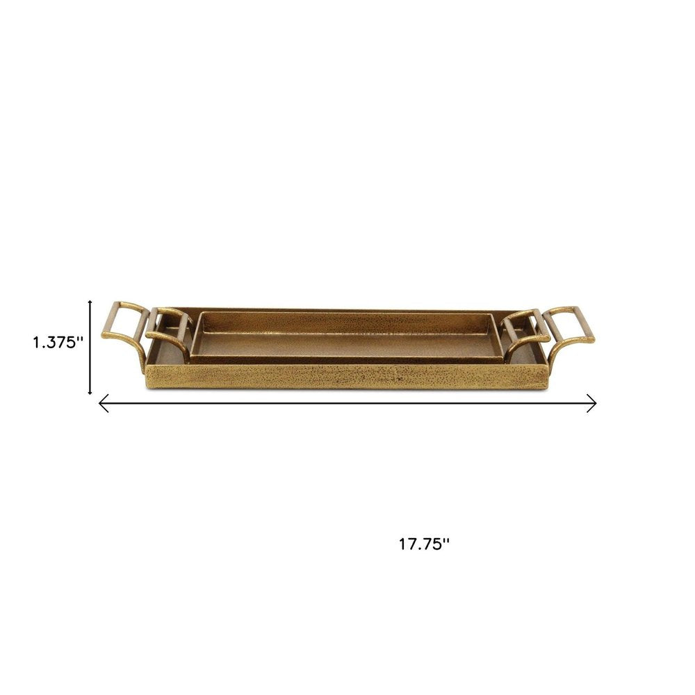 Set of Two Gold Cast Iron Handmade Vanity Trays With Handles on a white background