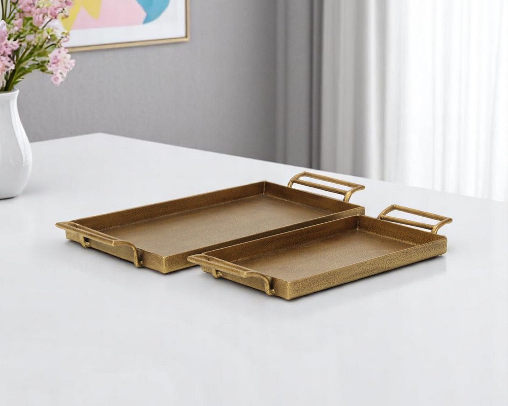 Set of Two Gold Cast Iron Handmade Vanity Trays With Handles close-up detail
