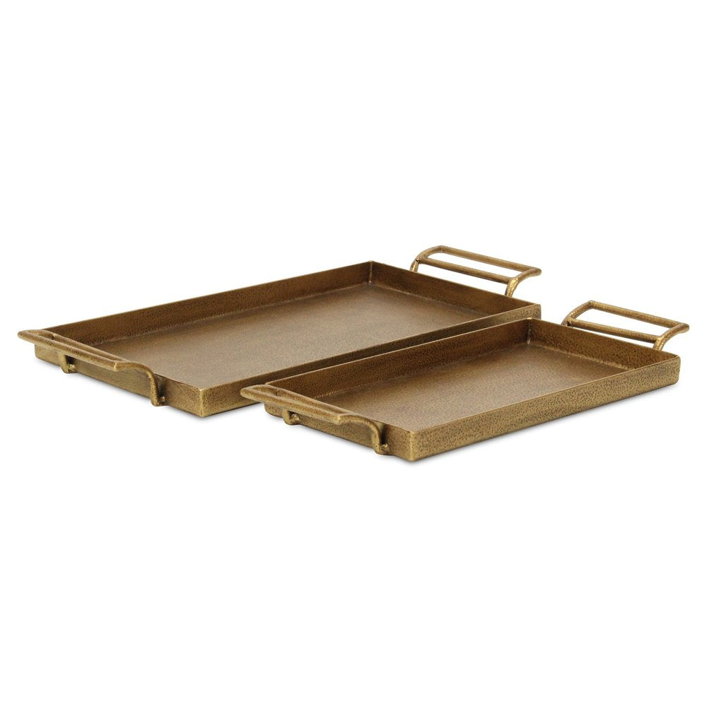 Set of Two Gold Cast Iron Handmade Vanity Trays With Handles on a white background