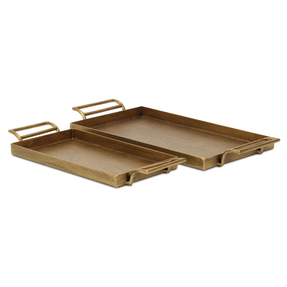 Set of Two Gold Cast Iron Handmade Vanity Trays With Handles on a white background