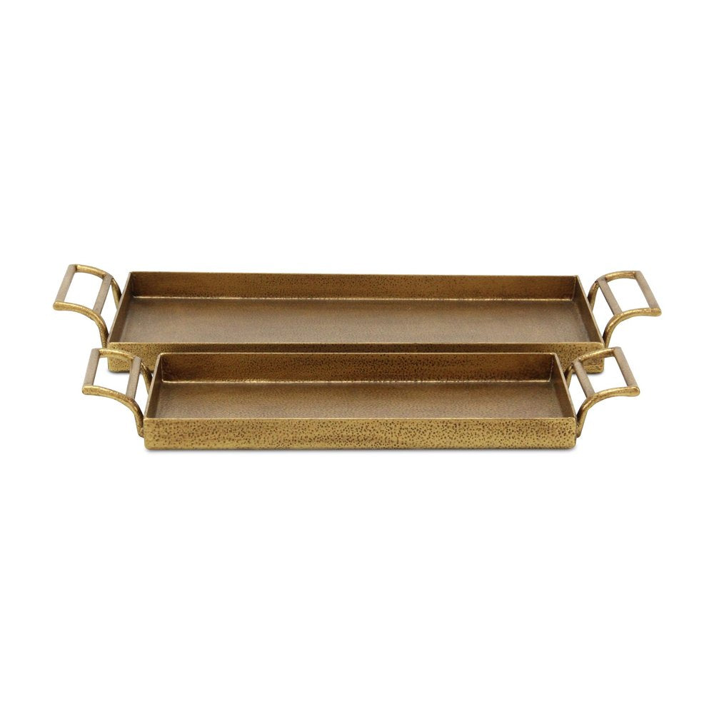 Set of Two Gold Cast Iron Handmade Vanity Trays With Handles on a white background