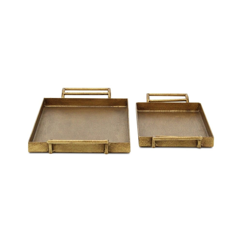 Set of Two Gold Cast Iron Handmade Vanity Trays With Handles on a white background
