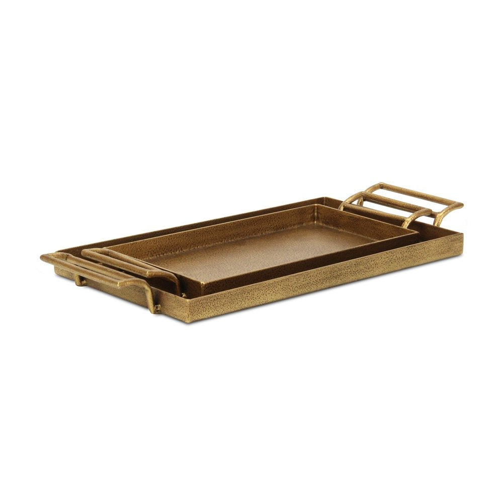 Set of Two Gold Cast Iron Handmade Vanity Trays With Handles on a white background