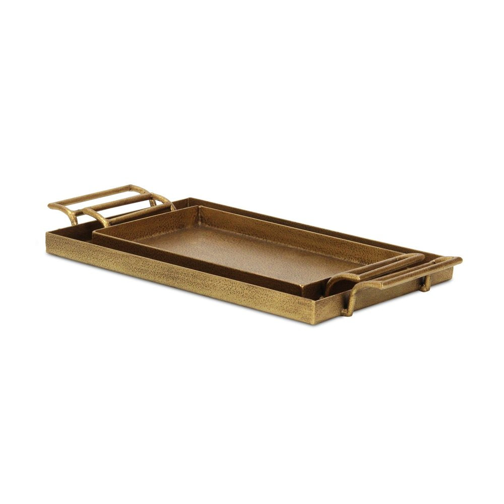 Set of Two Gold Cast Iron Handmade Vanity Trays With Handles on a white background