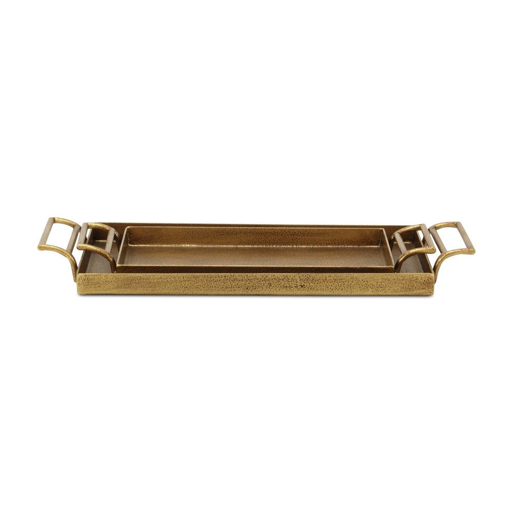Set of Two Gold Cast Iron Handmade Vanity Trays With Handles on a white background
