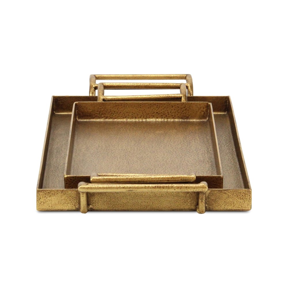 Set of Two Gold Cast Iron Handmade Vanity Trays With Handles on a white background