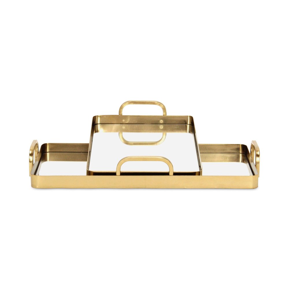 Set of Two Gold And Mirrored Glass Handmade Serving Trays on a white background