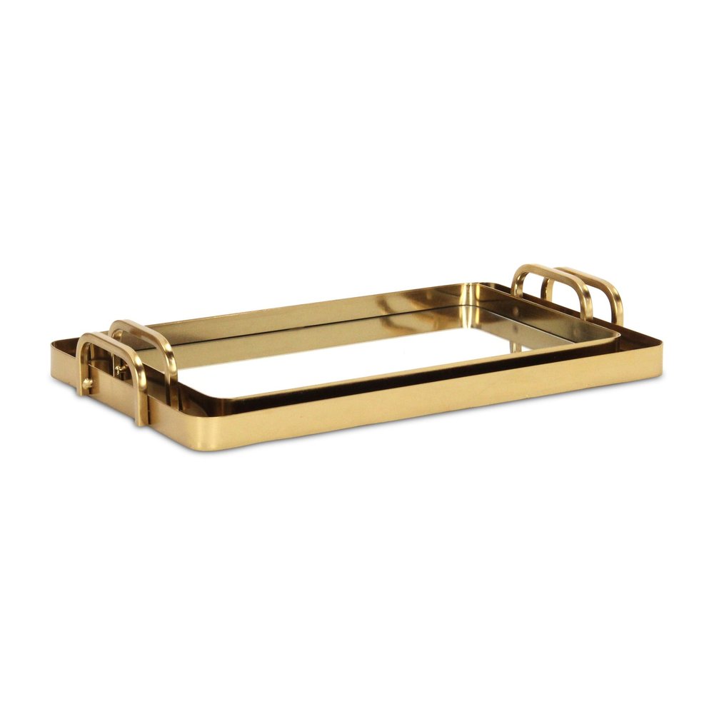 Set of Two Gold And Mirrored Glass Handmade Serving Trays on a white background