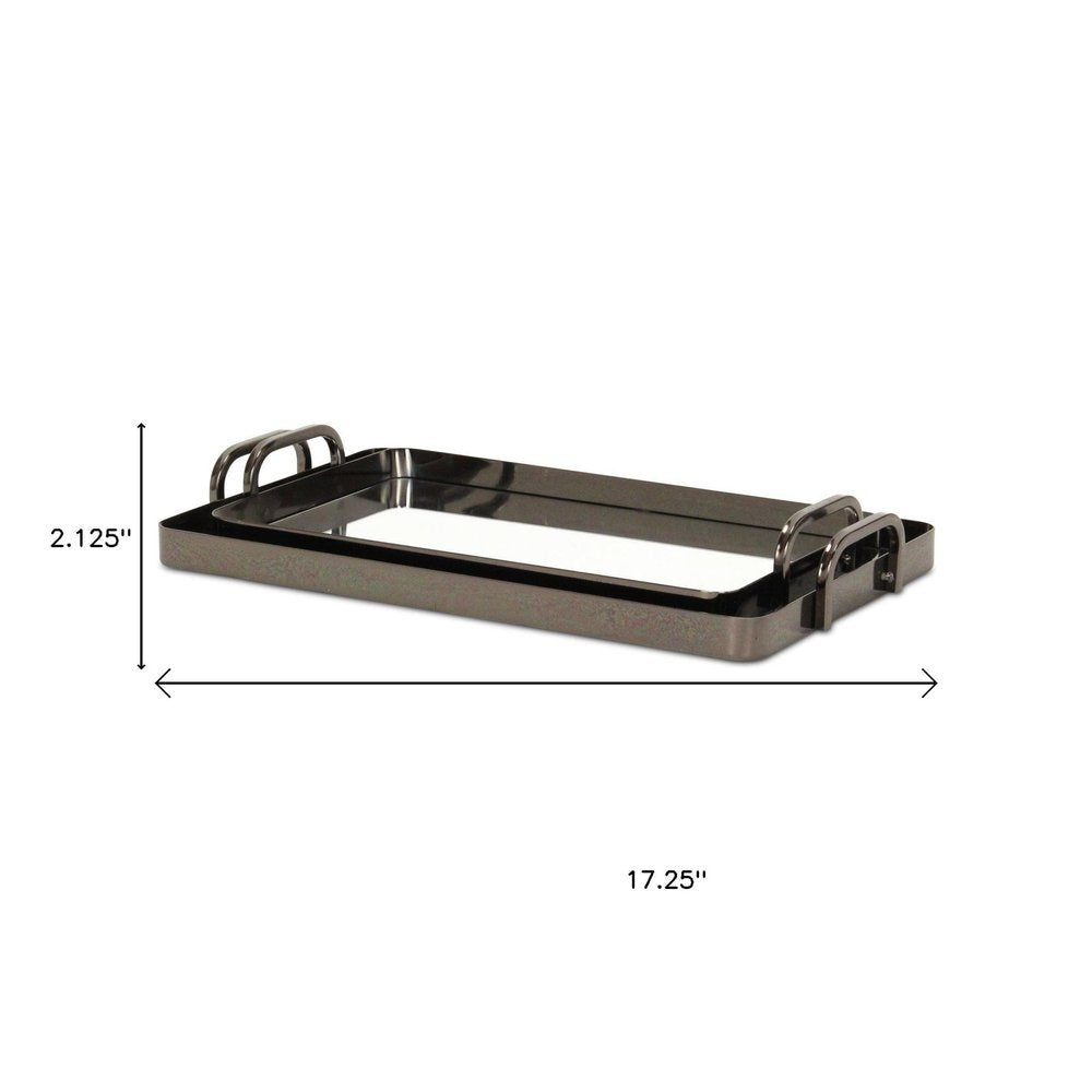 Set of Two Pewter Aluminum And Mirrored Glass Handmade Serving Trays on a white background