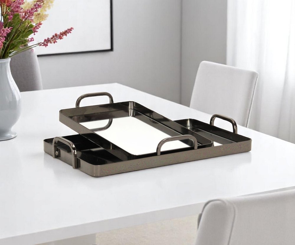 Set of Two Pewter Aluminum And Mirrored Glass Handmade Serving Trays on a white background