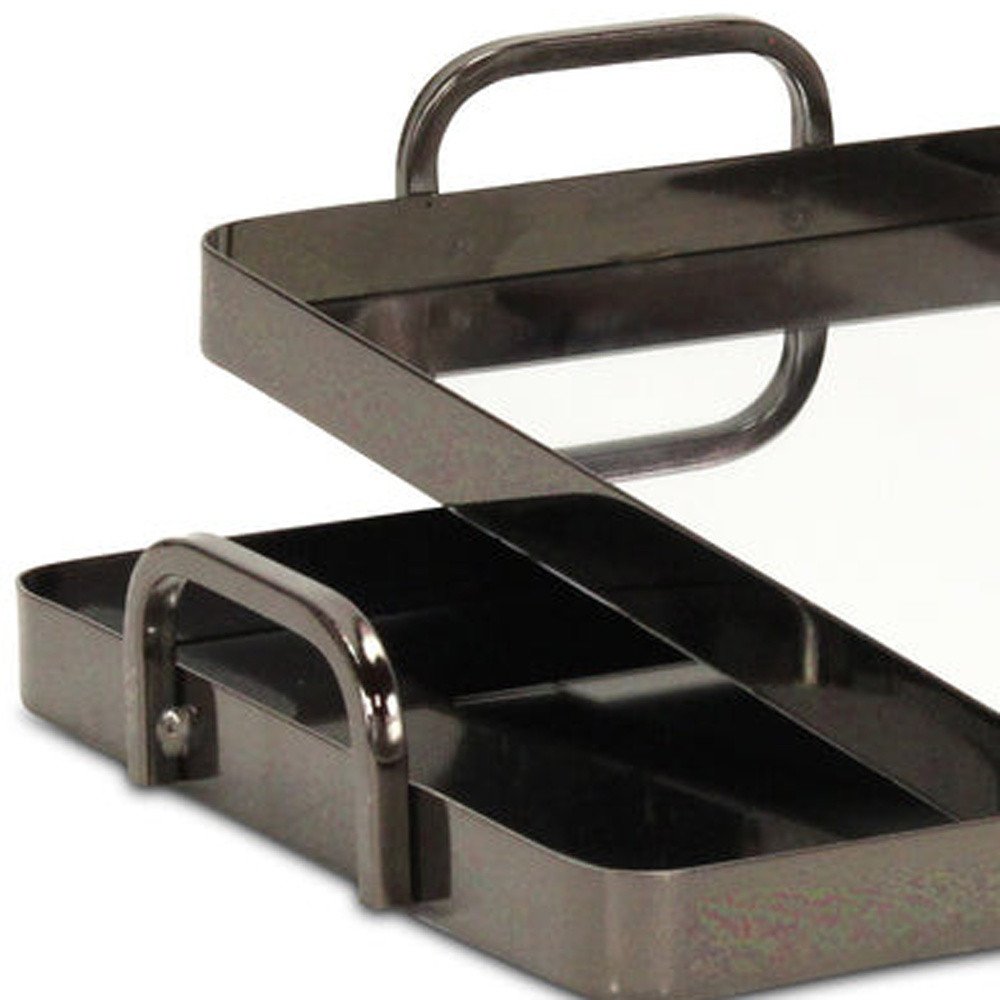 Set of Two Pewter Aluminum And Mirrored Glass Handmade Serving Trays on a white background