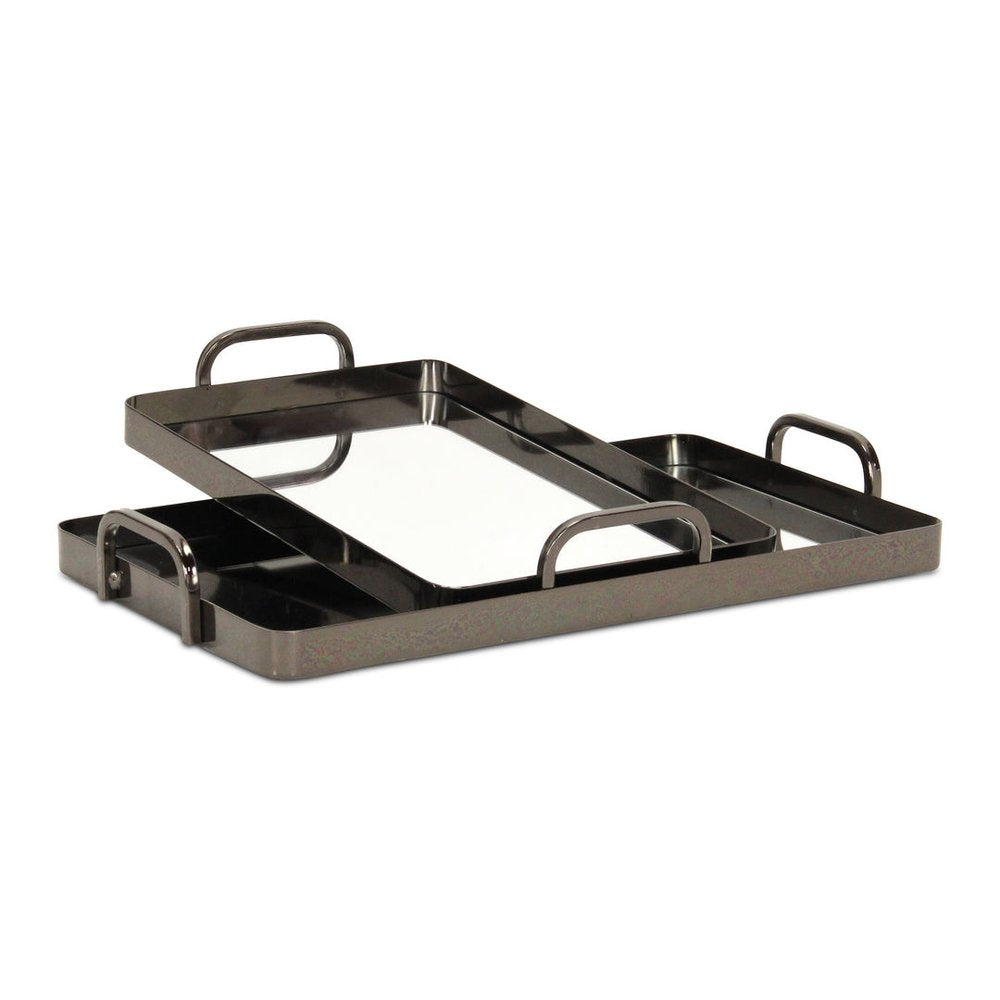 Set of Two Pewter Aluminum And Mirrored Glass Handmade Serving Trays on a white background