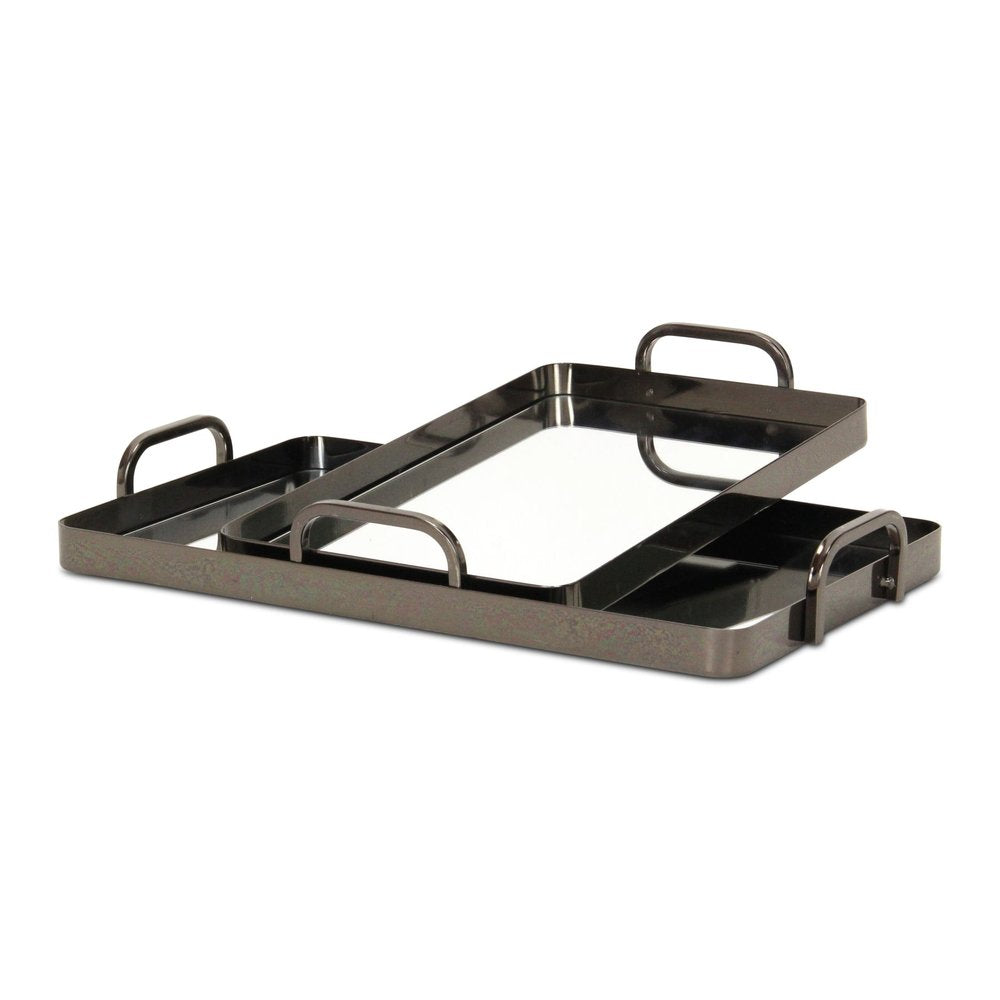 Set of Two Pewter Aluminum And Mirrored Glass Handmade Serving Trays on a white background