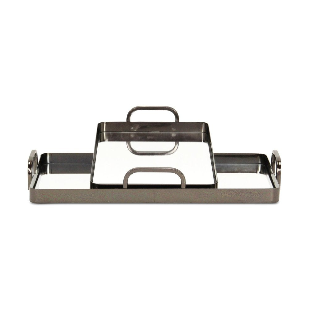 Set of Two Pewter Aluminum And Mirrored Glass Handmade Serving Trays on a white background