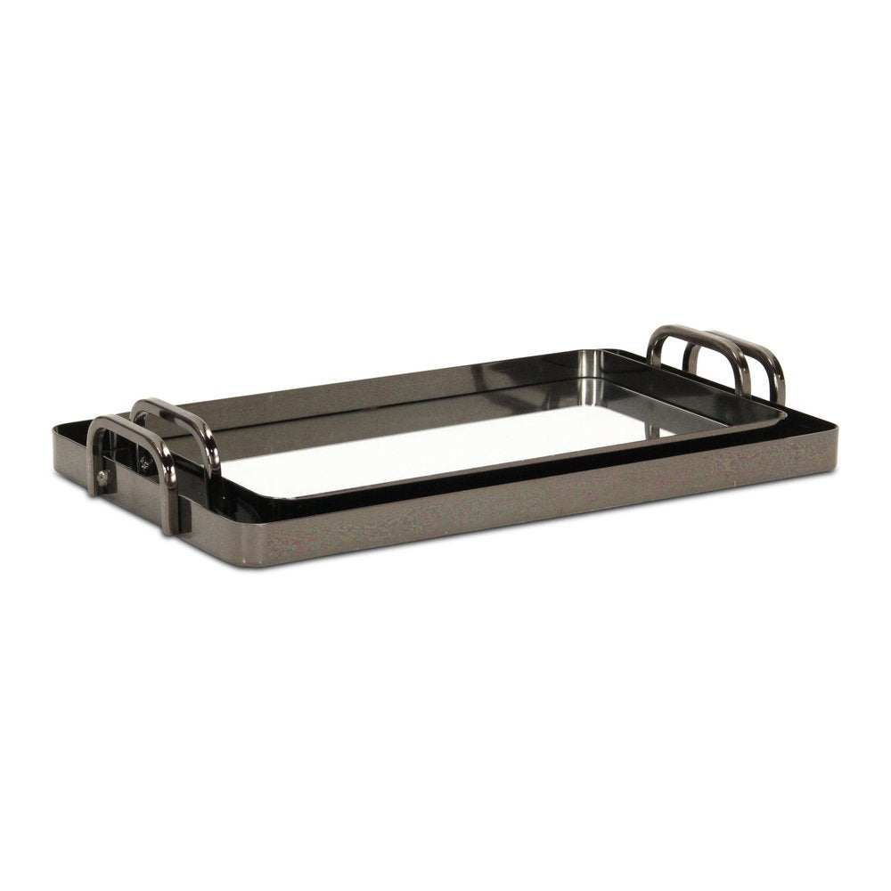 Set of Two Pewter Aluminum And Mirrored Glass Handmade Serving Trays on a white background