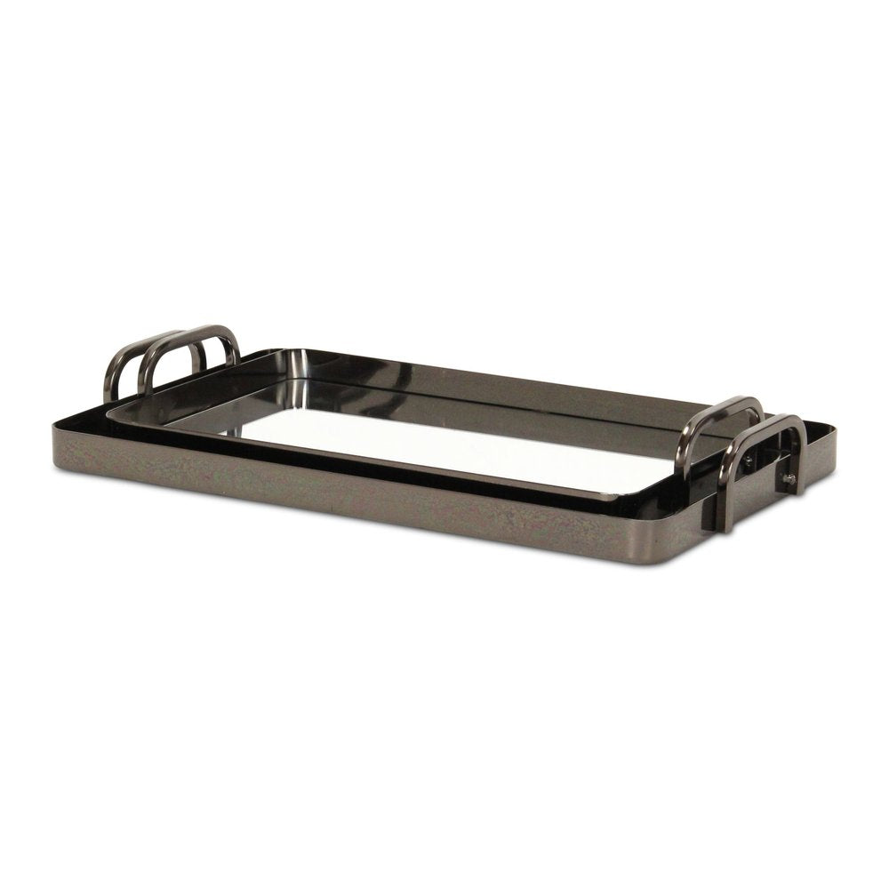 Set of Two Pewter Aluminum And Mirrored Glass Handmade Serving Trays on a white background