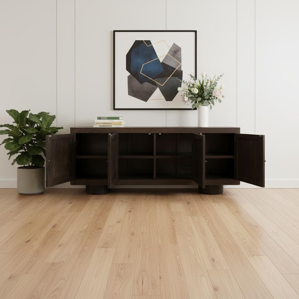 80" Dark Brown Distressed Solid Wood Sideboard Soft Close with Four Doors in a home interior