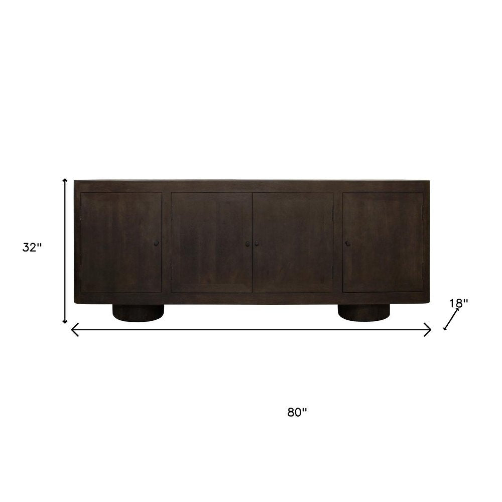 80" Dark Brown Distressed Solid Wood Sideboard Soft Close with Four Doors on a white background