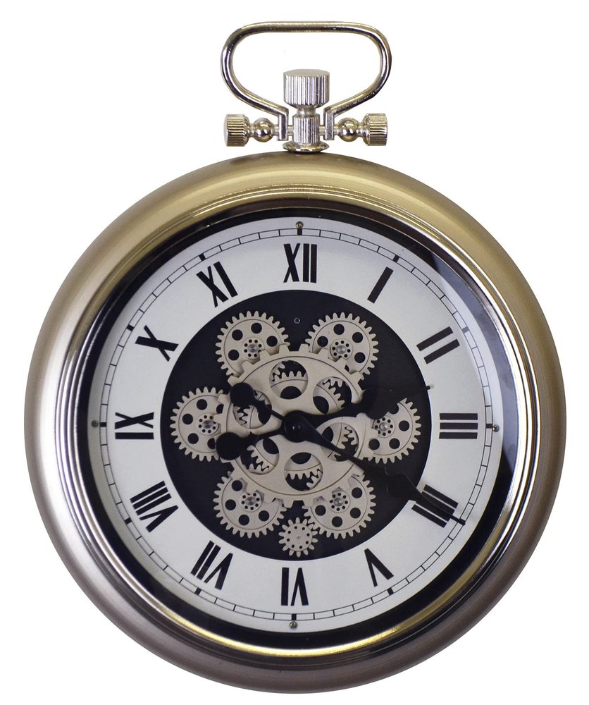 16" Champagne White And Black Metal Skeleton Exposed Gear Pocket Watch Wall Clock