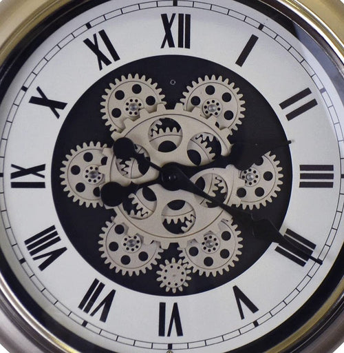 16" Champagne White And Black Metal Skeleton Exposed Gear Pocket Watch Wall Clock