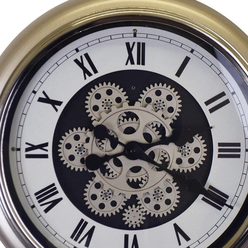 16" Champagne White And Black Metal Skeleton Exposed Gear Pocket Watch Wall Clock