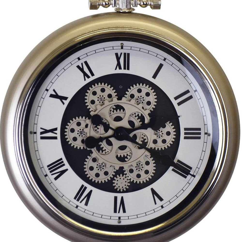 16" Champagne White And Black Metal Skeleton Exposed Gear Pocket Watch Wall Clock
