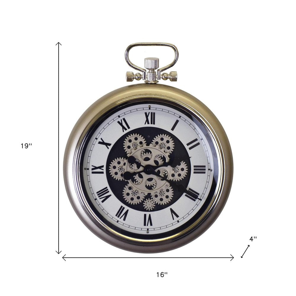 16" Champagne White And Black Metal Skeleton Exposed Gear Pocket Watch Wall Clock