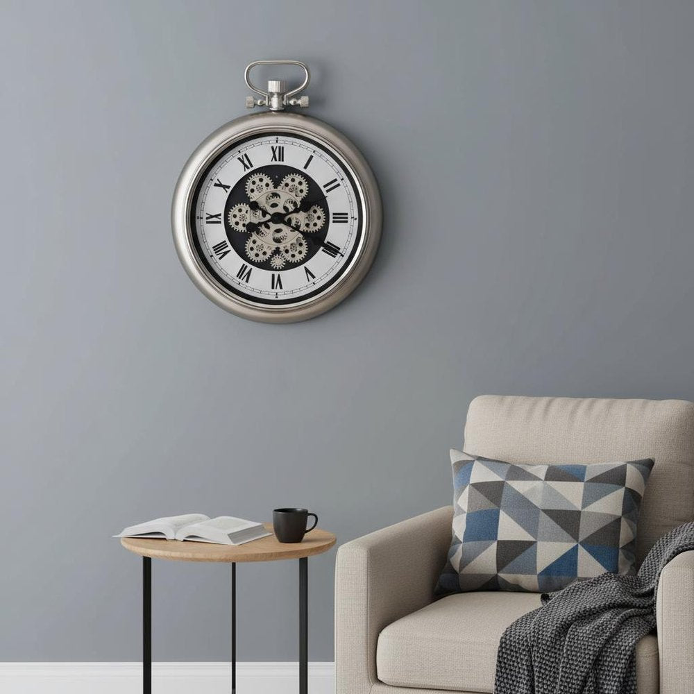 16" Champagne White And Black Metal Skeleton Exposed Gear Pocket Watch Wall Clock