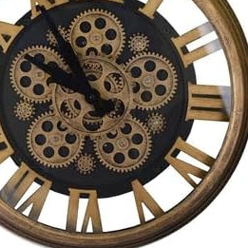 18" Antiqued Gold And Black Metal Silent Skeleton Exposed Gear Round Wall Clock