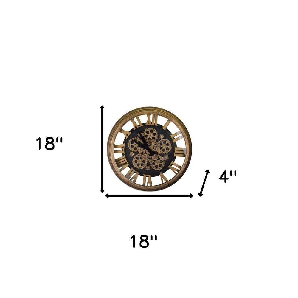 18" Antiqued Gold And Black Metal Silent Skeleton Exposed Gear Round Wall Clock
