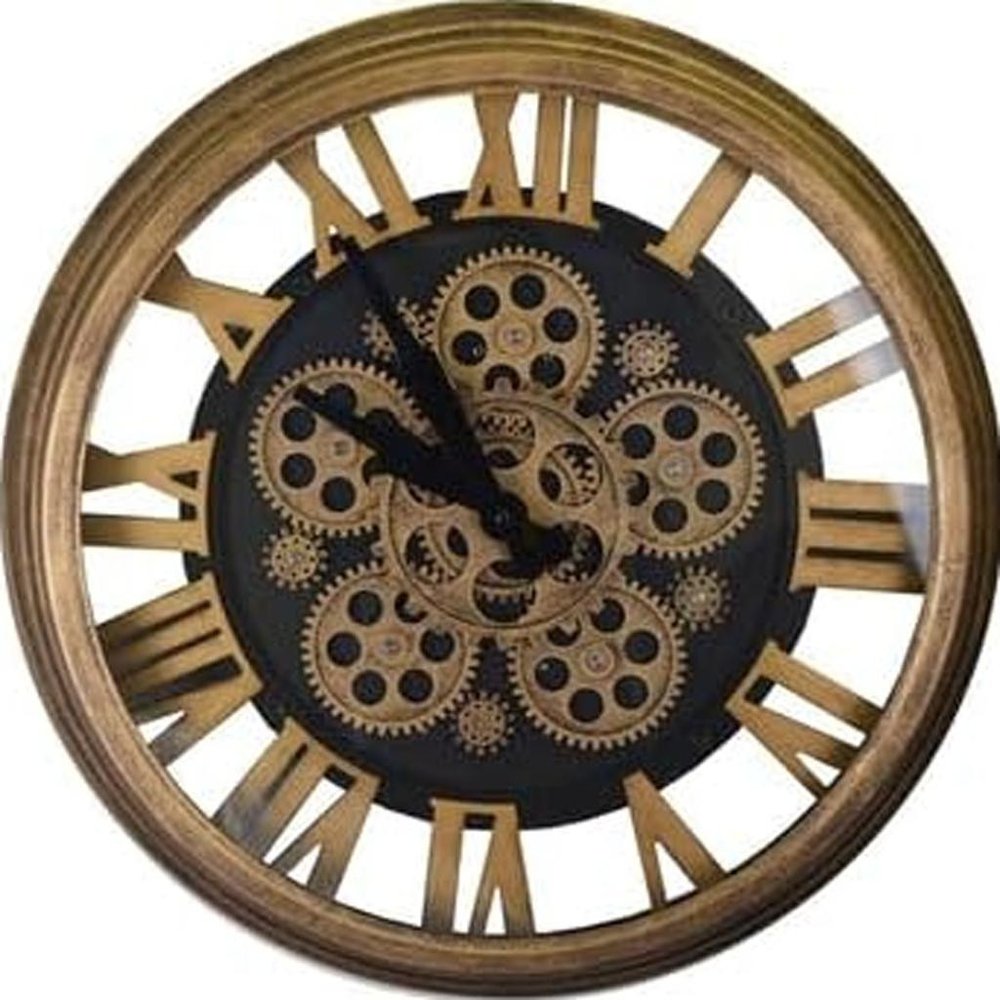 18" Antiqued Gold And Black Metal Silent Skeleton Exposed Gear Round Wall Clock