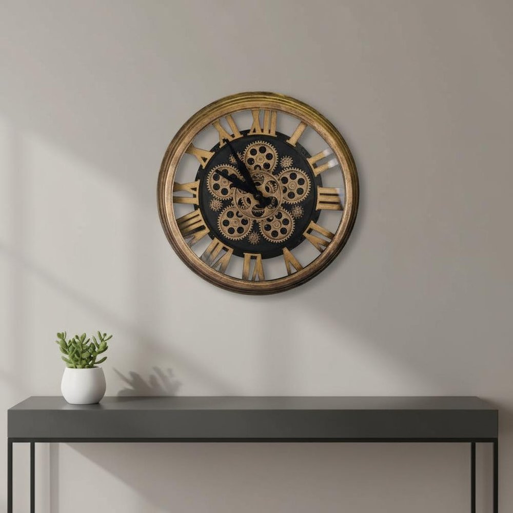 18" Antiqued Gold And Black Metal Silent Skeleton Exposed Gear Round Wall Clock