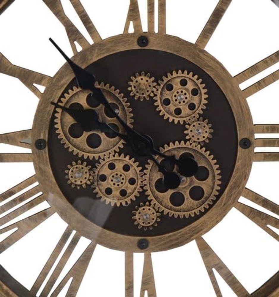 18" Antiqued Gold And Black Metal Silent Skeleton Exposed Gear Round Wall Clock