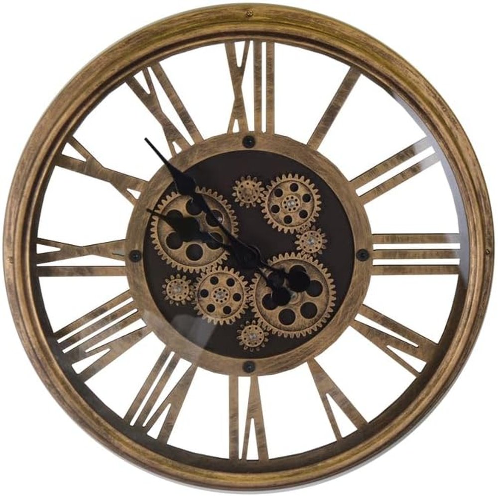 18" Antiqued Gold And Black Metal Silent Skeleton Exposed Gear Round Wall Clock