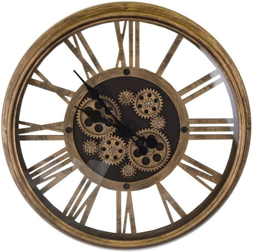 18" Antiqued Gold And Black Metal Silent Skeleton Exposed Gear Round Wall Clock