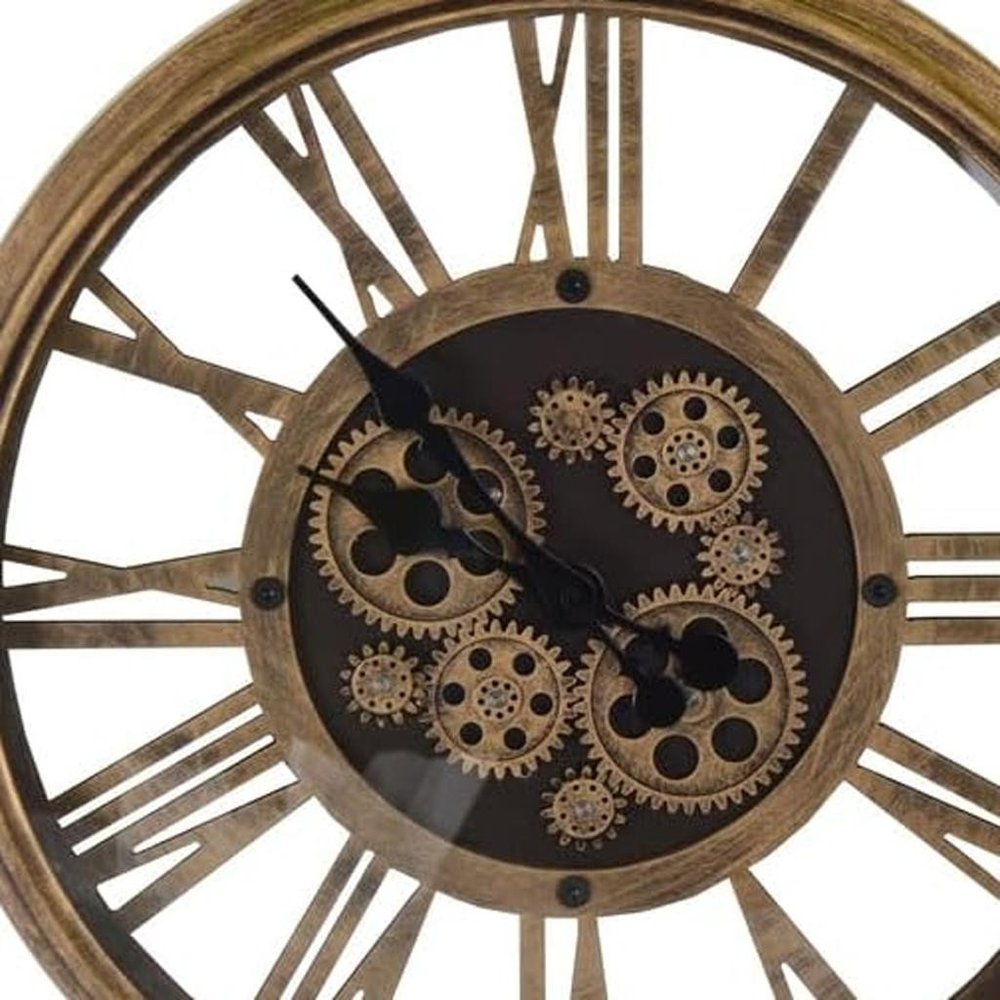 18" Antiqued Gold And Black Metal Silent Skeleton Exposed Gear Round Wall Clock