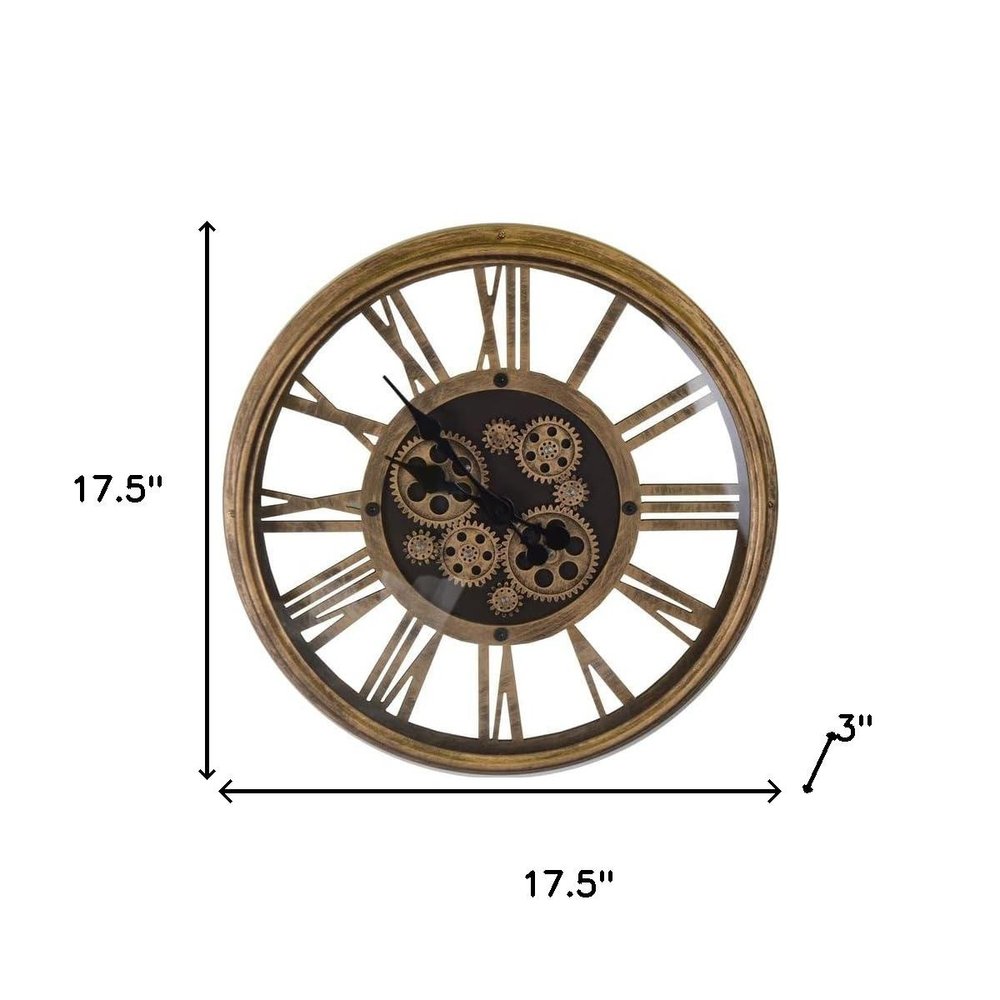 18" Antiqued Gold And Black Metal Silent Skeleton Exposed Gear Round Wall Clock