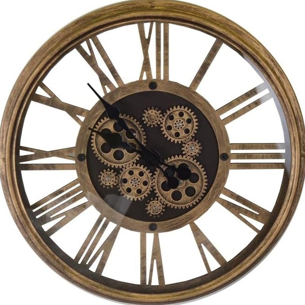 18" Antiqued Gold And Black Metal Silent Skeleton Exposed Gear Round Wall Clock