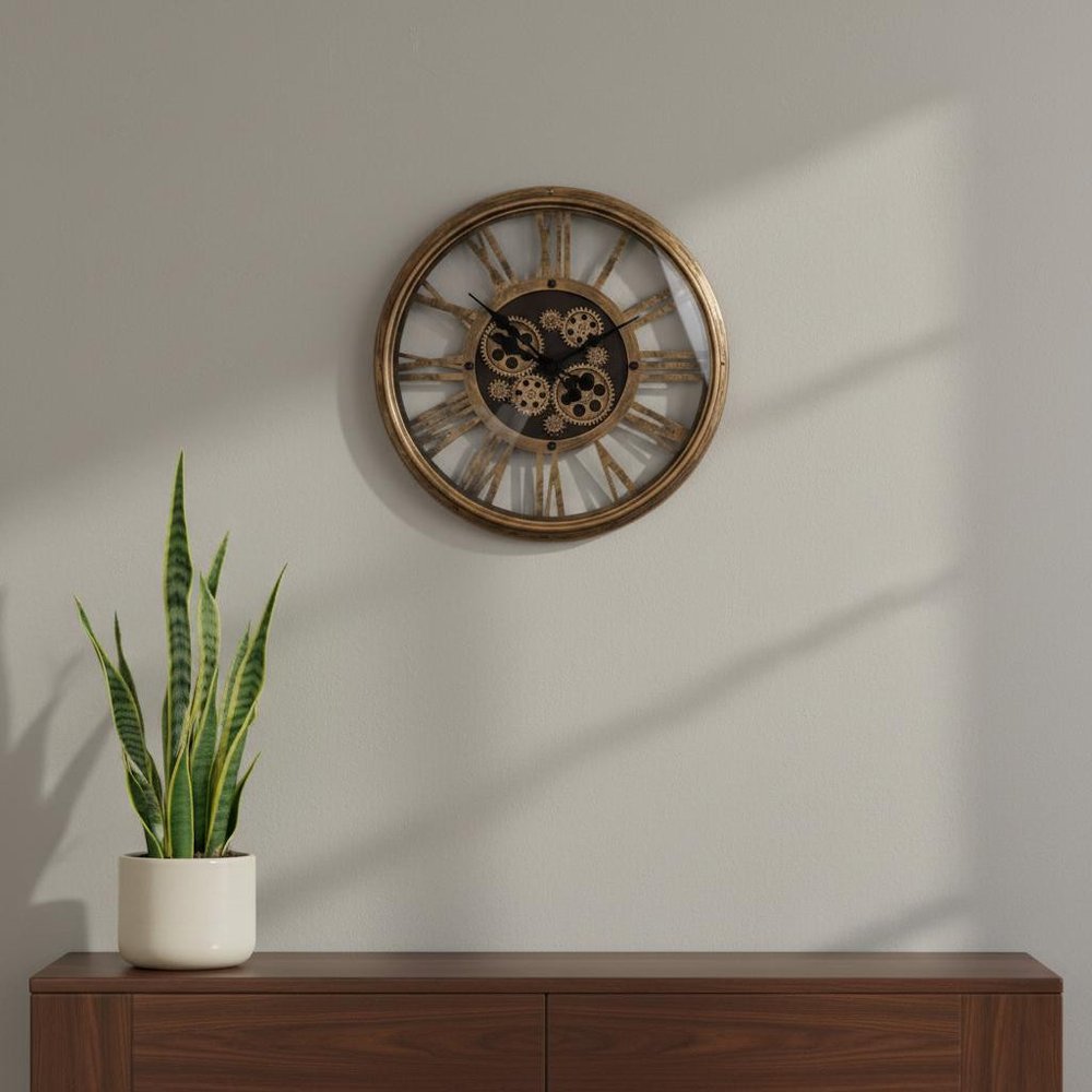 18" Antiqued Gold And Black Metal Silent Skeleton Exposed Gear Round Wall Clock