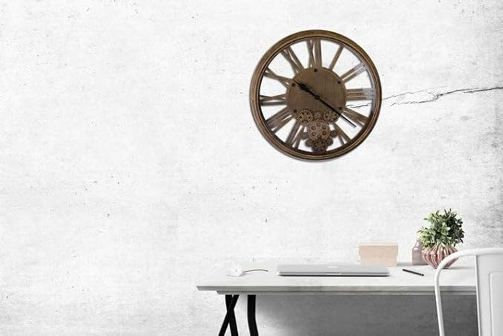 18" Antiqued Gold And Black Metal Silent Skeleton Exposed Gear Round Wall Clock