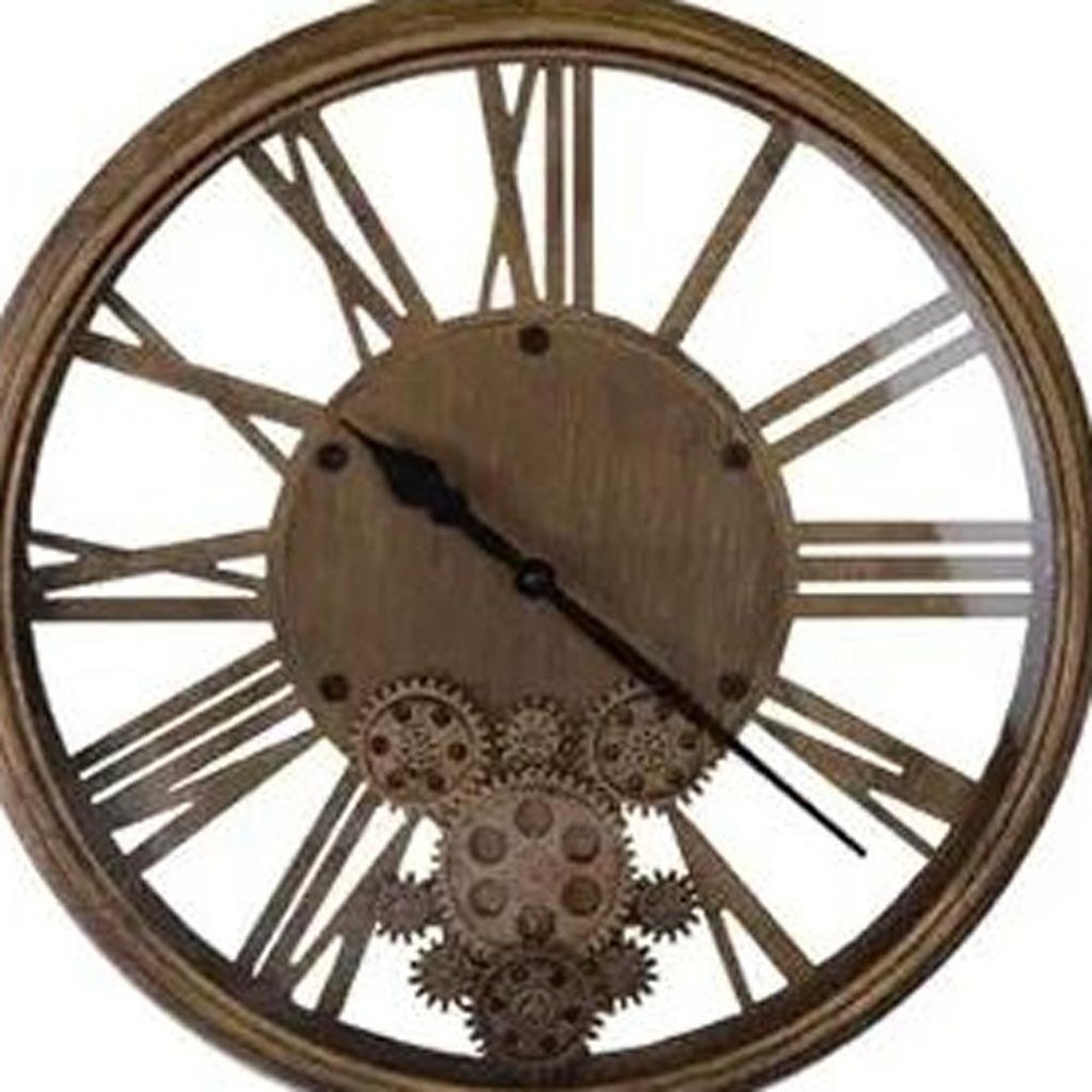 18" Antiqued Gold And Black Metal Silent Skeleton Exposed Gear Round Wall Clock