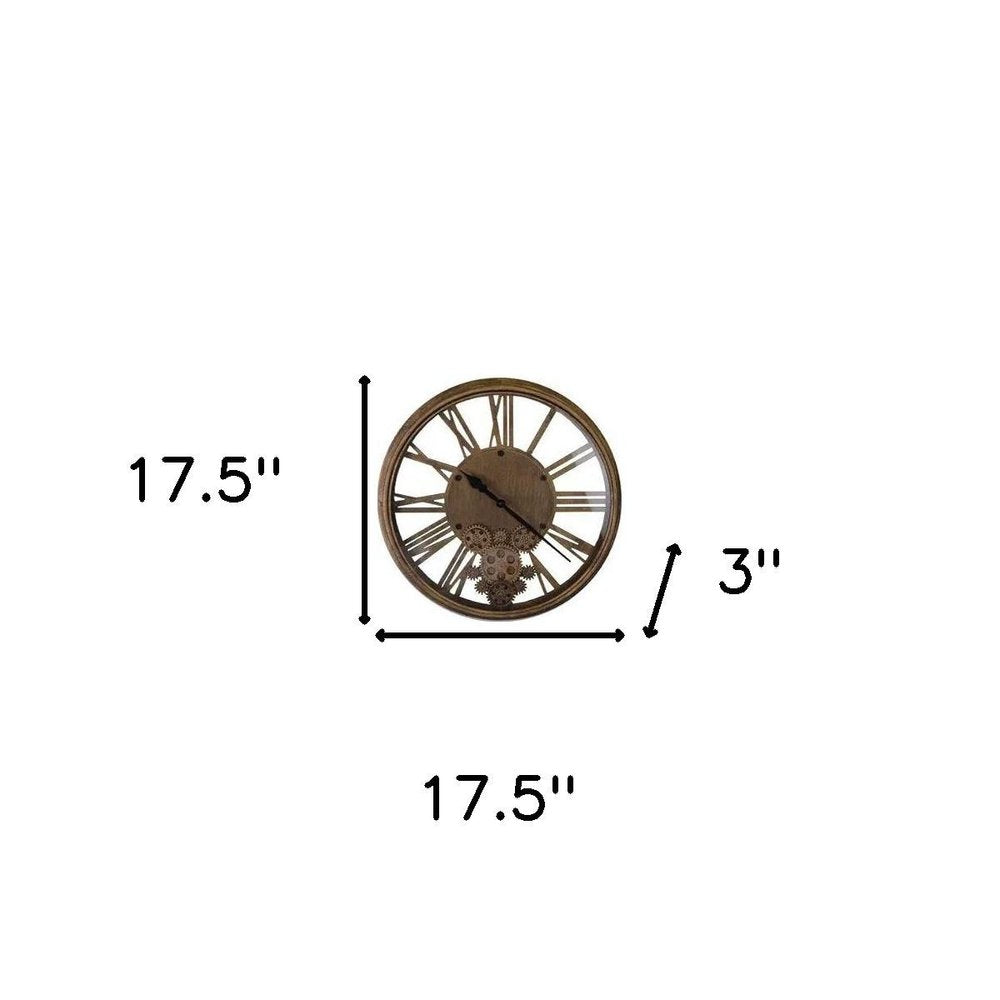 18" Antiqued Gold And Black Metal Silent Skeleton Exposed Gear Round Wall Clock