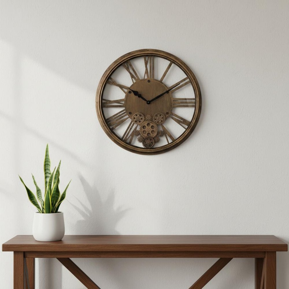 18" Antiqued Gold And Black Metal Silent Skeleton Exposed Gear Round Wall Clock