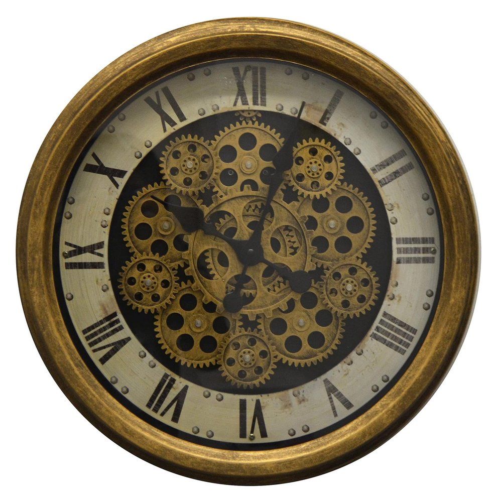 18" Antiqued Gold White And Black Metal Silent Skeleton Distressed Exposed Gear Round Wall Clock