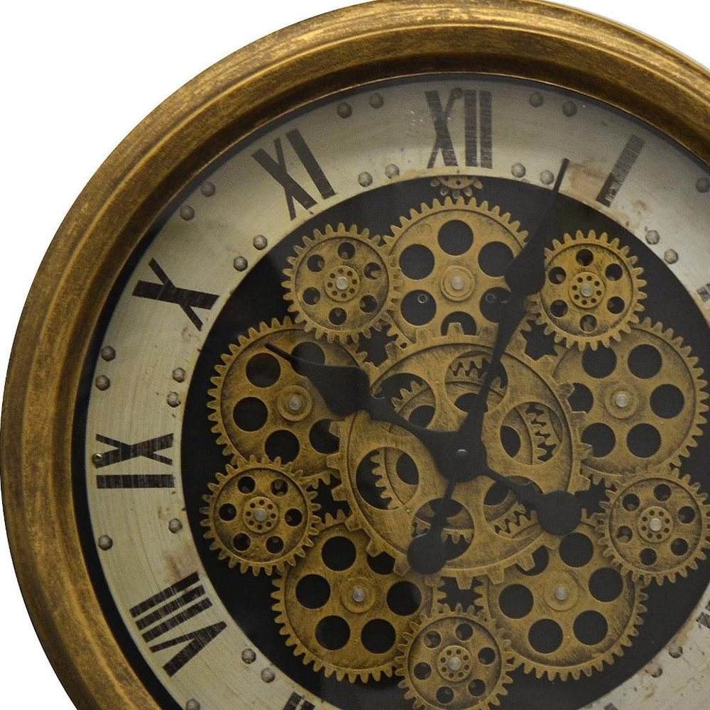18" Antiqued Gold White And Black Metal Silent Skeleton Distressed Exposed Gear Round Wall Clock