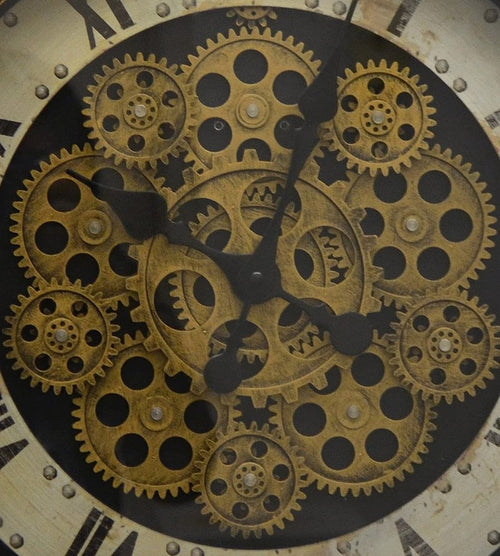 18" Antiqued Gold White And Black Metal Silent Skeleton Distressed Exposed Gear Round Wall Clock